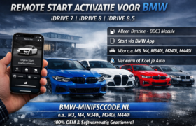Advertentieafbeelding van BMW‑MINIFSCCODE.nl met Remote Start activatie voor BMW‑modellen met iDrive 7, 8 en 8.5. Te zien zijn o.a. BMW M3, M4, M340i, M240i en M440i in een winterse setting, samen met een smartphone waarop de BMW App wordt getoond. Tekst vermeldt “Alleen benzine – BDC3 module”, “Start via BMW App” en “Verwarm of Koel je Auto”