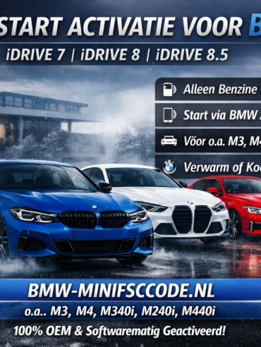 Advertentieafbeelding van BMW‑MINIFSCCODE.nl met Remote Start activatie voor BMW‑modellen met iDrive 7, 8 en 8.5. Te zien zijn o.a. BMW M3, M4, M340i, M240i en M440i in een winterse setting, samen met een smartphone waarop de BMW App wordt getoond. Tekst vermeldt “Alleen benzine – BDC3 module”, “Start via BMW App” en “Verwarm of Koel je Auto”